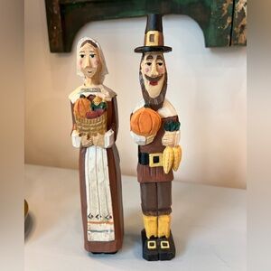 Midwest Set Of 2 Carved Thanksgiving Pilgrim Man & Woman Pencil Thin Figurines
